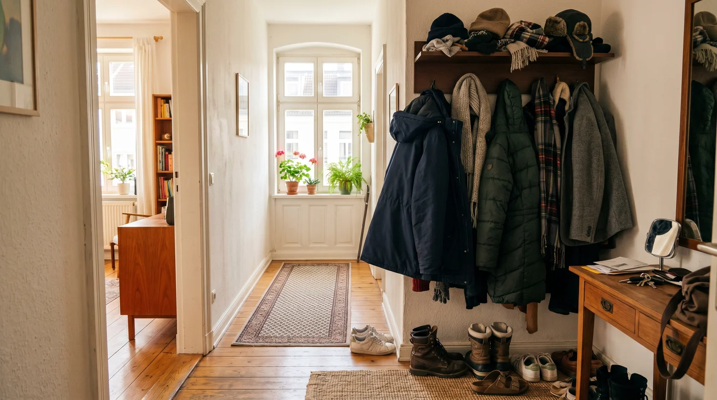 Voller Flur mit Wintersachen im Sommer — vorher